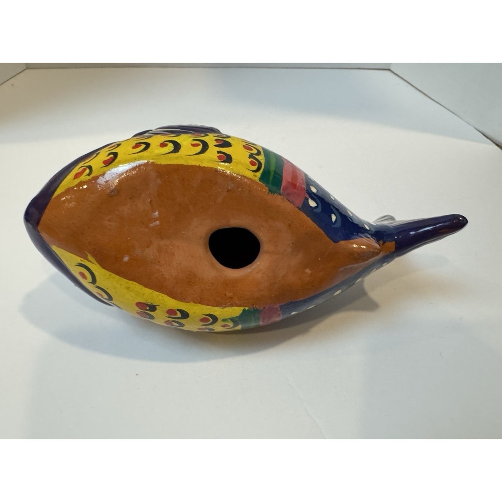 Hand-Painted Mexican Pottery Fish Talavera style Yellow Purple Handmade Folk-Art - Picture 5 of 7